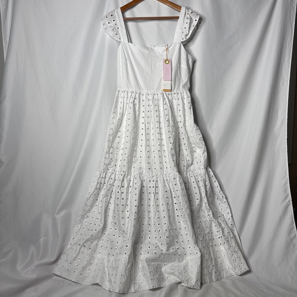 Tanya Taylor Alilah 12 Cotton Eyelet Midi‎ Dress Cottagecore Boho Romantic NEW